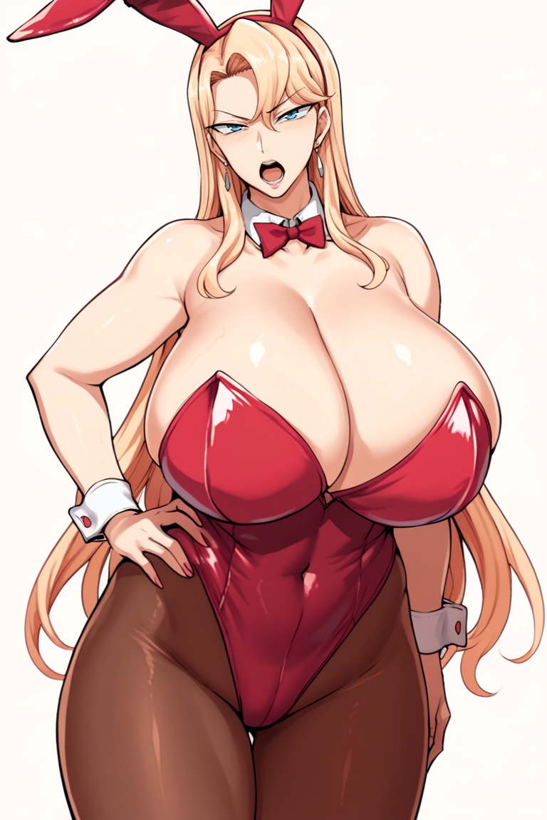 score_9, score_8_up, score_7_up, source_anime,reika kurashiki, mature female, 1girl, gigantic breasts, animal ears, playboy bunny, pantyhose, blonde hair, long hair, rabbit ears, solo, leotard, wrist cuffs, large breasts, detached collar, bow, strapless, open mouth, strapless leotard, white background, bowtie, red leotard, fake animal ears, highleg, covered navel, hand on hip, simple background, highleg leotard, blue eyes, cleavage, cowboy shot, looking at viewer<lora:EMS-439921-EMS:1.000000>