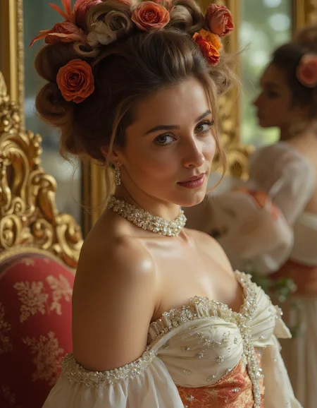 Create an image of a magical woman from the Rococo era, radiating elegance and grace. She is surrounded by luxury, with gilded mirrors, exquisite furniture, and rich fabrics that create an atmosphere of opulence. Her voluminous hair is styled in an intricate updo, adorned with vibrant flowers and delicate feathers that give her a playful appearance.
Her gown, made of fine silk, hugs her graceful figure, accentuating every curve and line. In her eyes sparkles a sense of playfulness and mystery, while a soft smile adds to her unique charm. She moves with fluidity, as if dancing to the music of time, leaving behind a light trail of floral fragrance.
Immerse yourself in the world of luxury and sophistication of the Rococo era, where every detail, from jewelry to decor, reflects refinement and artistic taste. This beautiful woman embodies the spirit and aesthetics of this enchanting time, inviting you on a journey through a magical realm filled with beauty and inspiration.,BelleBertier, small chest