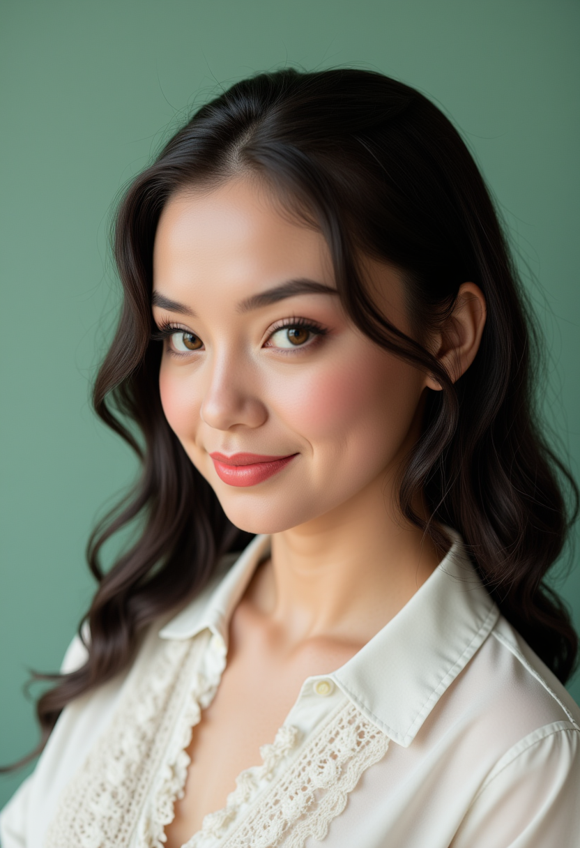 She is approximately 18 years old. Hyperrealism, she is looking at the camera, (dynamic angles), profile headshots of a beautiful, stunning unique female character.  she has dark hair. her eyes are filled with joy and excitement, extravagant eyelashes. a photo of AGDV2_nokrea, she is wearing a white frilly shirt. The woman is posing confidently. simple sage green colored background. She has a slight smile on her face and is looking directly at the camera. making this image a masterpiece of photography and digital art. realistic. making this image a masterpiece of photography and digital art. Style: realistic hyper-detailed rendering, 32k UHD, expressive eyes, punk, graphic design, girl's face, pretty and cute, gleaming lips, telling a tale of adventure. Exuding confidence and serenity. The overall mood of the image is happy and relaxed,detailed skin texture,(blush:0.2),(goosebumps:0.3),subsurface scattering,whimsical,Detailed hand, Perfect hand. Perfection style.