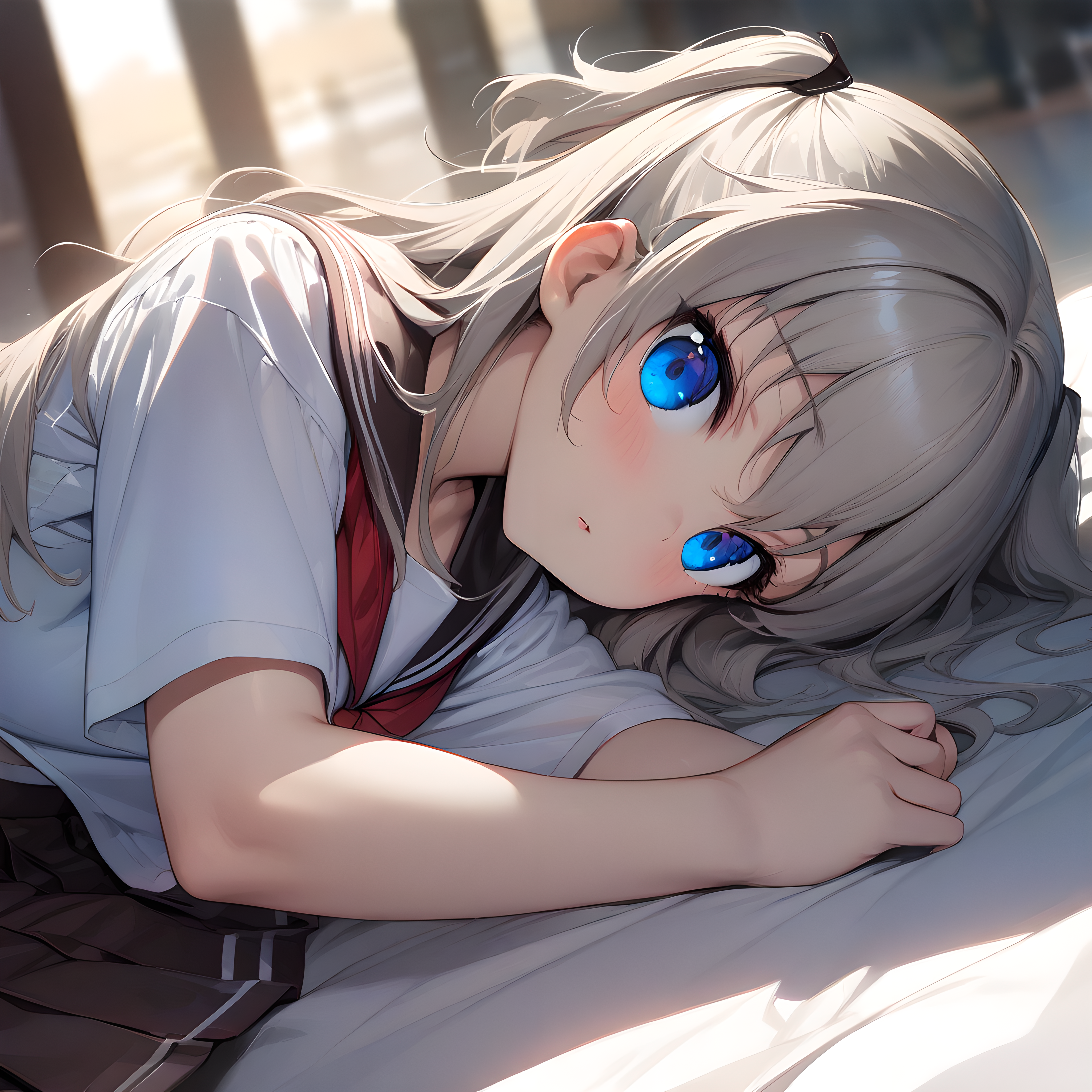 (masterpiece),(best quality),(ultra-detailed),(best illustration),(best shadow),(absurdres),(detailed background),(very aesthetic), nao_tomori, 1girl, blue eyes, school uniform, long hair, skirt, lying, solo, on side, two side up, serafuku, sailor collar, pleated skirt, looking at viewer, shirt, white shirt <lora:XL-NaoTomori:1>