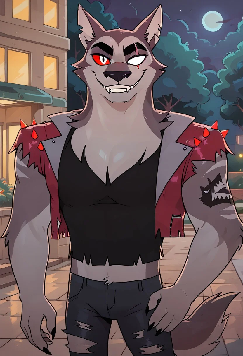 SCORE_9, SCORE_8_UP, SOURCE_ANIME, REALISTIC, BREAK, 1MALE, TEX, FACE FOCUS, CLOSE UP, PORTRAIT, FRONT VIEW, FURRY, GREY FUR, (SCAR ACROSS EYE), (BLANK GLASS EYE), RIGHT EYE SILVER, RIGHT RED SCLERA, EAR SLITS, TANK TOP, SPIKED LEATHER VEST, RIPPED JEANS, TAIL, ARM TATTOO, GRIN, FANGS, BREAK, DARK NIGHT, PARK, SIDEWALK, HIGH RESOLUTION, VIVD TEXTURES