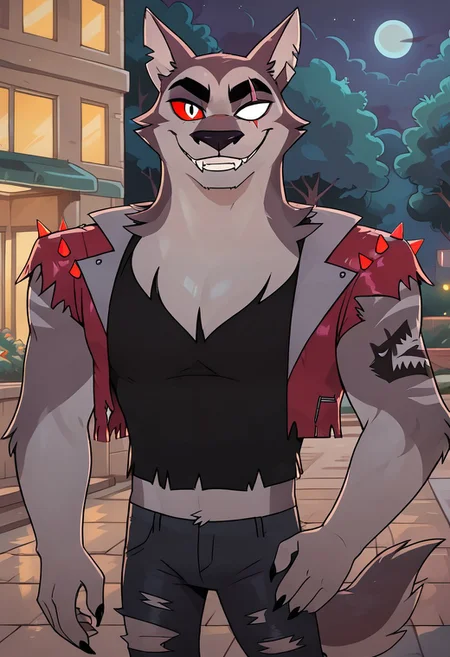 SCORE_9, SCORE_8_UP, SOURCE_ANIME, REALISTIC, BREAK, 1MALE, TEX, FACE FOCUS, CLOSE UP, PORTRAIT, FRONT VIEW, FURRY, GREY FUR, (SCAR ACROSS EYE), (BLANK GLASS EYE), RIGHT EYE SILVER, RIGHT RED SCLERA, EAR SLITS, TANK TOP, SPIKED LEATHER VEST, RIPPED JEANS, TAIL, ARM TATTOO, GRIN, FANGS, BREAK, DARK NIGHT, PARK, SIDEWALK, HIGH RESOLUTION, VIVD TEXTURES