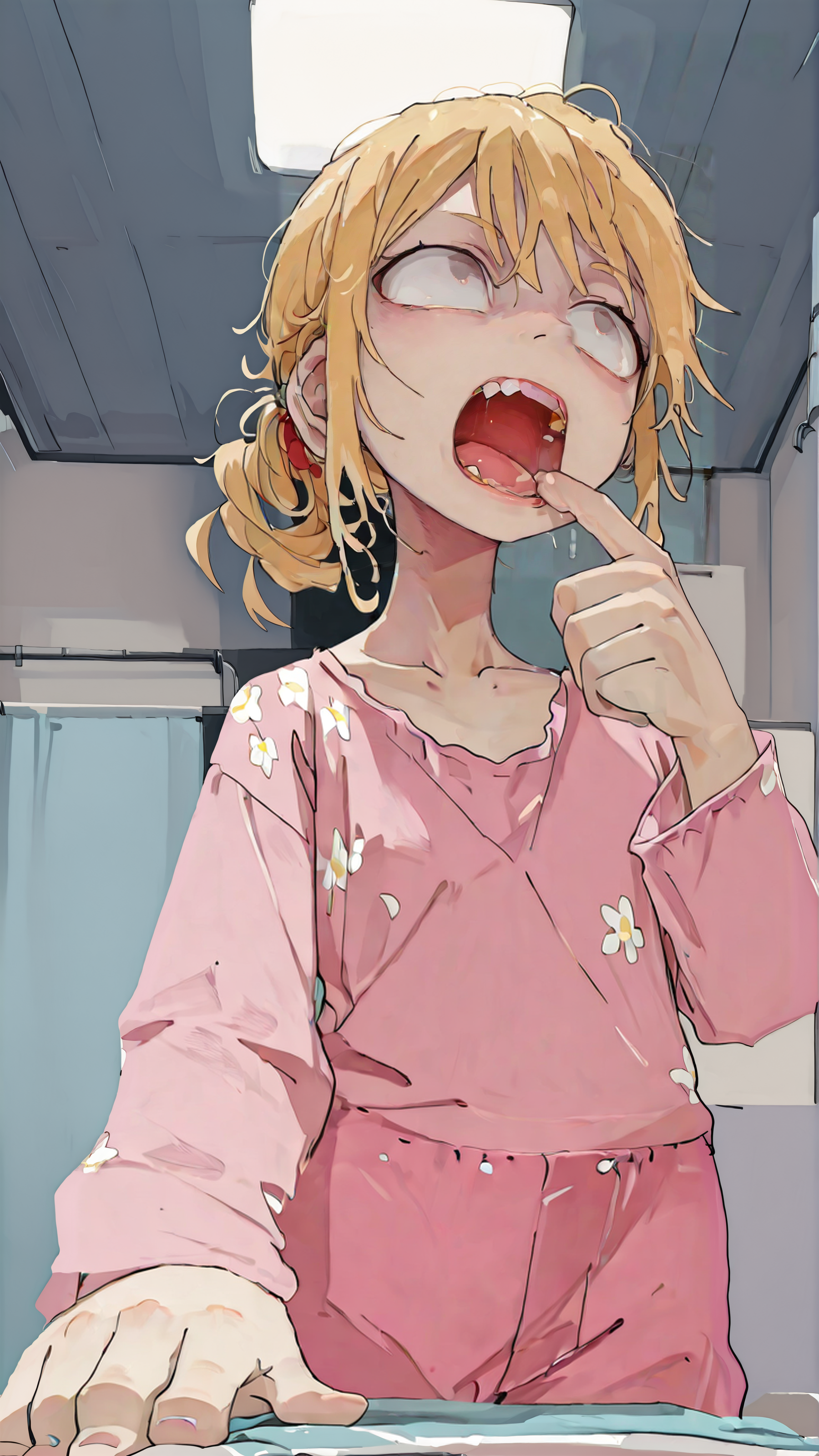 masterpiece, newest,absurdres,incredibly absurdres, best quality, amazing quality, very aesthetic, 
1girl, , pink top, floral printed top, (missing tooth:1.3), monster girl, pointing at mouth, blonde, messy hair, hair drills, dentist room, backlighting, volumetric lighting,
 <lora:edanoma_meu_style:0.8> edanoma_meu_illu <lora:YB_IL_1624591:1> yb <lora:wamiarts_style:1> wamiarts_illu <lora:t4kar4i_shunsuk3:1> t4kar4i_illu, no_outlines, no lineart <lora:S4bit4mago:1> S4bit4mago_illu,