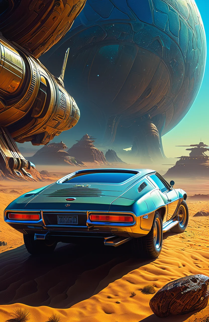 cinematic view of a retro scifi car, desaturated, psychedelic, tim hildebrandt, wayne barlowe, bruce pennington, donato giancola, larry elmore, oil on canvas, masterpiece, trending on artstation, featured on pixiv, cinematic composition, dramatic, beautiful lighting, sharp, details, hyper - detailed, hd, hdr, 4 k, 8 k  detailed