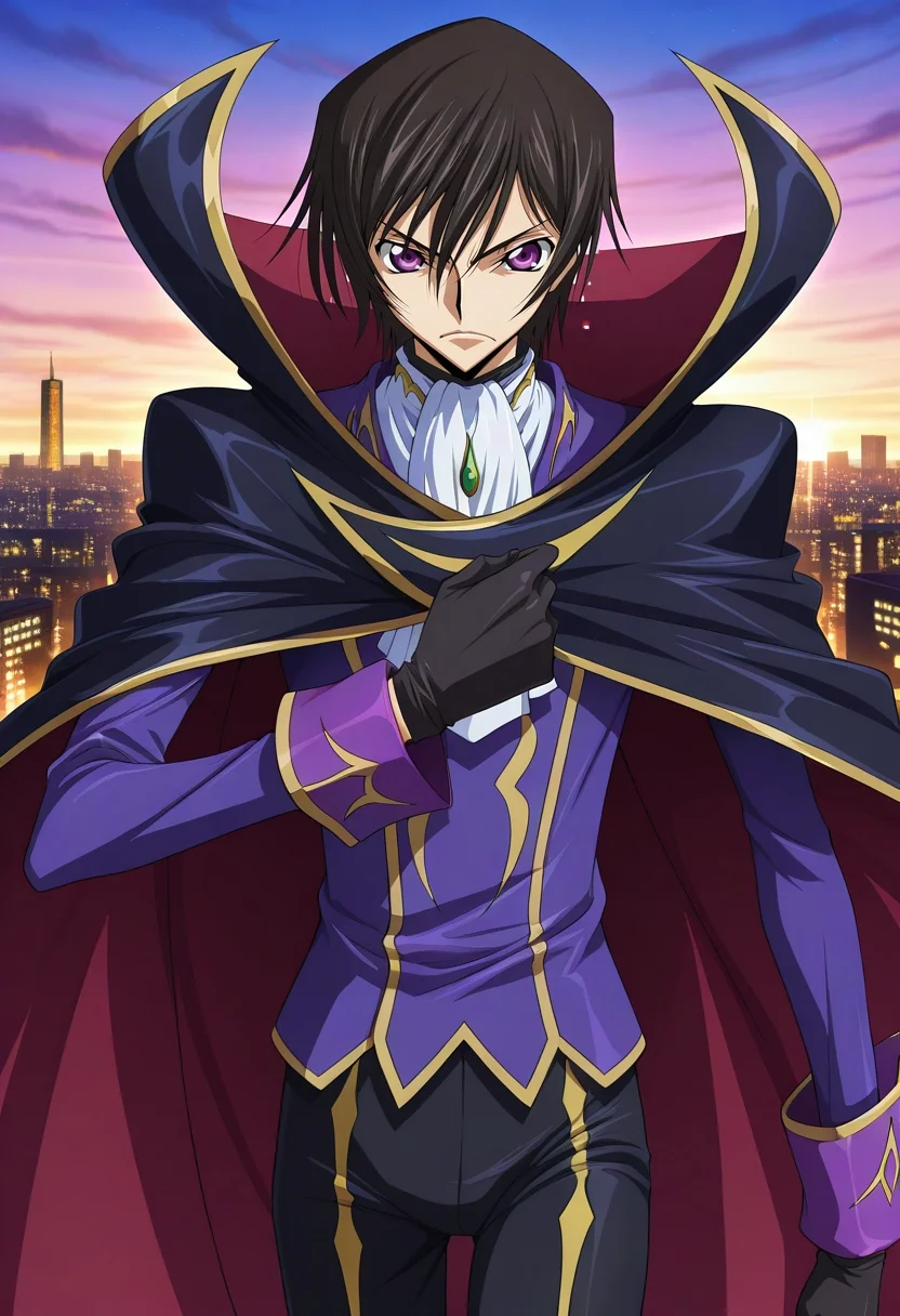 masterpiece, best quality, , anime screencap, anime coloring, official style, looking at viewer, 1boy, solo, male focus, <lora:lelouch_lamperouge_ilxl:0.9>, lelouch_lamperouge, black hair, purple eyes, hair between eyes, bangs, short hair, , cape, ascot, gloves, symmetry, city, city lights, dawn, one leg up, angry, ElectricBlue Animal print Tailored sweatpants, Long-sleeve shirt, , Balaclava, Bedroll