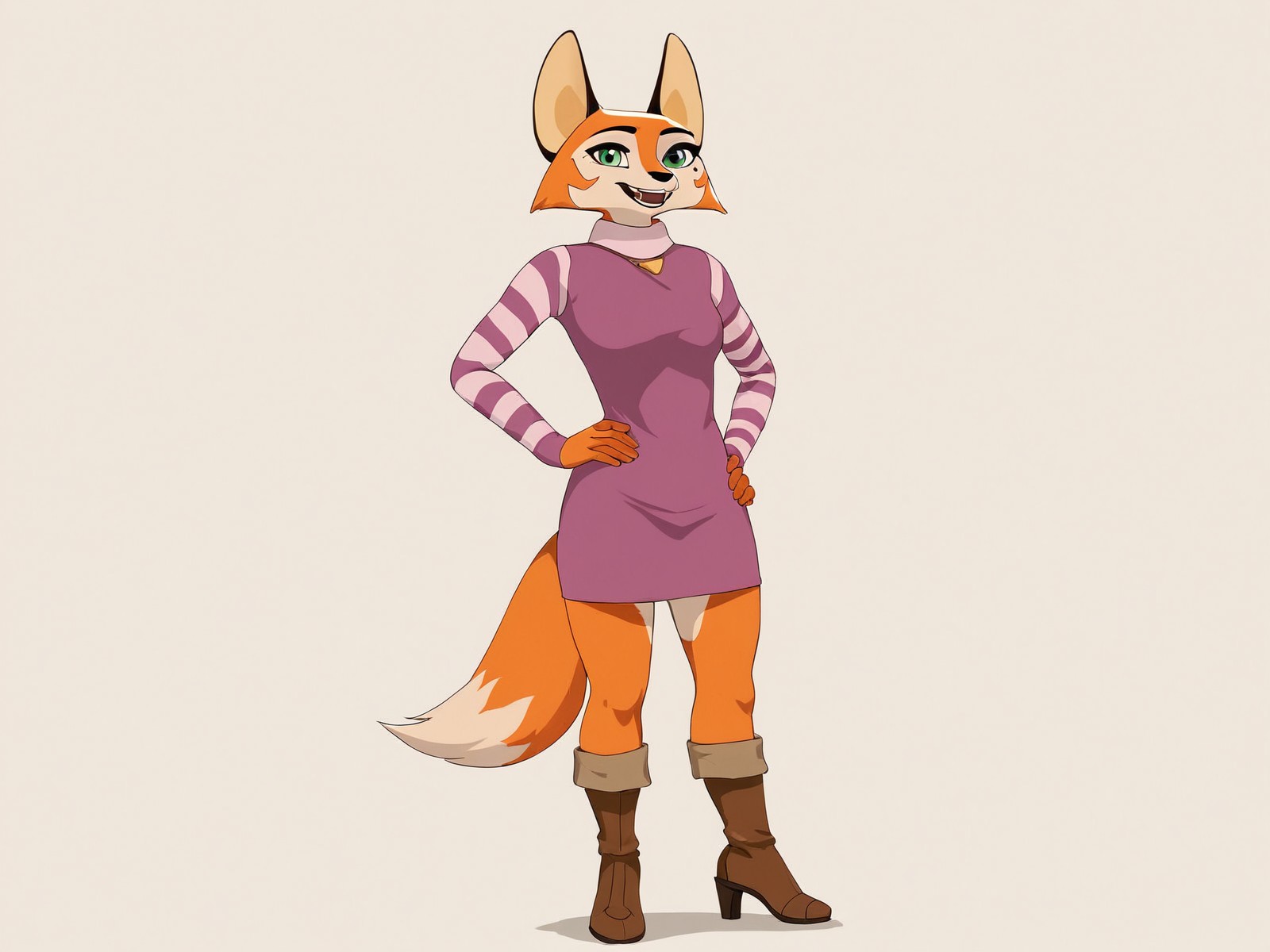 score_9,score_8,source_furry,
<1girl:1.5>,
<solo:1.5>,
fox girl, meika_rracer, meika_fox, 1girl, solo, hand on hip, tail, brown footwear, fox ears, animal ears, furry, fox tail, furry female, smile, open mouth, long sleeves, full body, standing, breasts, green eyes, looking at viewer, small breasts, happy, simple background, boots, teeth, fangs, sweater, orange fur, bangs, dress, retro artstyle, striped, body fur, animal nose, artist name, orange hair, yellow fur, high heels, safe, casual, casual clothes,
 <lora:Meika_Rimba_Racer_Pony_SDXL:1> meika_rracer