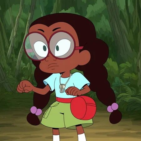 Kit_Cotc, in a forest, standing, 1girl, full body, glasses, light blue shoes, expressive eyes, light blue shirt, Solo, Score_9, red fanny pack, black eyes, black eyebrows, White socks, Green shorts with large pockets, neck keychain, brown skin, hair braided pigtails, dark brown hair
