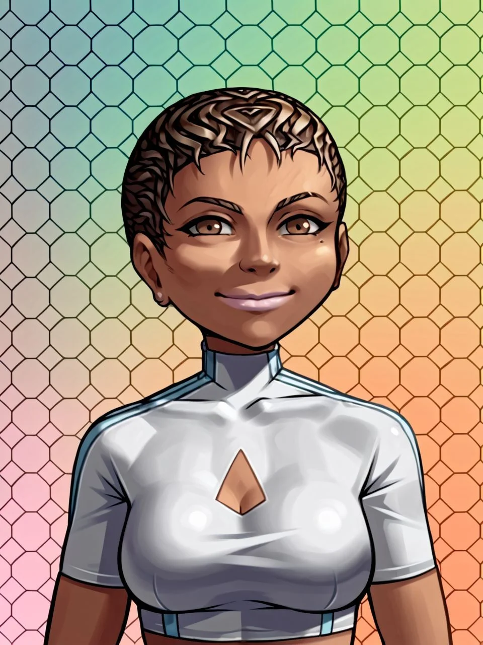 zPDXL3, colorful gradient background, (honeycomb \(pattern\) background:1.1),
upper body, looking at viewer, faint smile, closed mouth, 1girl, <lora:luluR2R_PDXL:1> luluR2R, dark-skinned female, very short hair, brown eyes, light pink lips, crop top, clothing window,