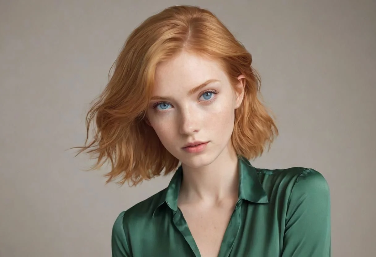 petite pretty girl, photo-realistic, short strawberry blonde hair, blue eyes, unbuttoned green silk blouse, leaning toward camera