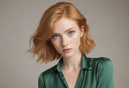 petite pretty girl, photo-realistic, short strawberry blonde hair, blue eyes, unbuttoned green silk blouse, leaning toward camera