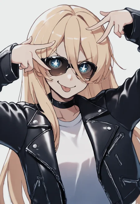 anime, masterpiece, best quality, upper body, solo, 1girl, aihsnpose, smile, tongue out, double v, star-shaped pupils, v over eye, long hair, blonde hair, hair between eyes, blue eyes, sunglasses, black jacket, leather jacket, open jacket, long sleeves, white shirt, t-shirt, black choker
<segment:yolo-Anzhc Face seg 640 v2 y8n.pt,0.4,0.5//cid=1>
