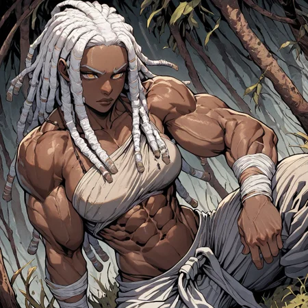 masterpiece, best quality, newest, absurdres, highres, INCV1.0
1girl, dark skin, dark-skinned female, dredlocks, white dreadlocks, african, african female, muscular female, toned,