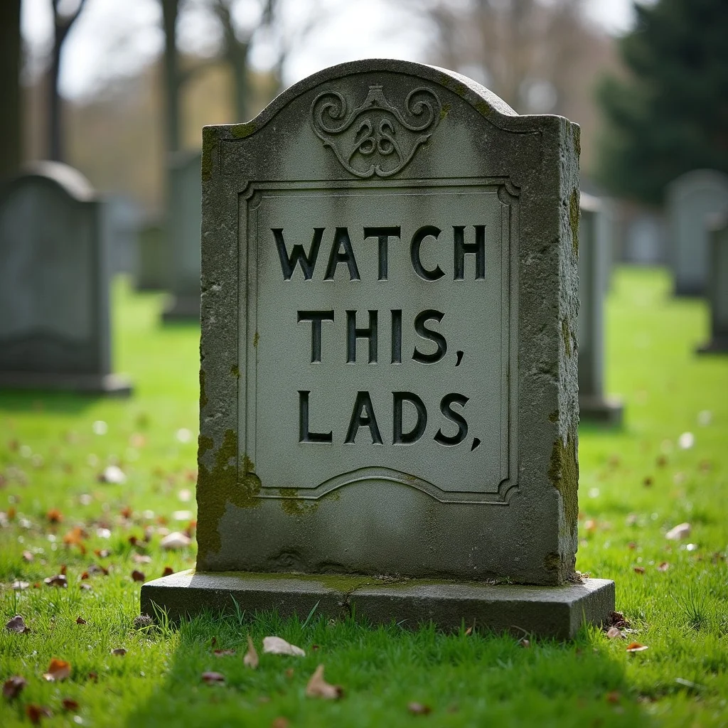 An image of a gravestone in a graveyard, with the inscription "Watch This, Lads"