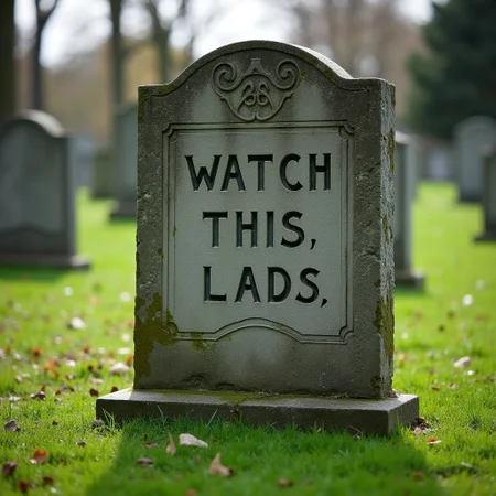 An image of a gravestone in a graveyard, with the inscription "Watch This, Lads"