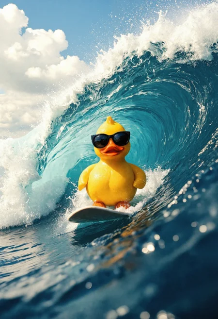 A charming and whimsical scene featuring an adorable little rubber duck . This playful duck, sporting stylish, oversized sunglasses, is expertly surfing a perfect, glassy wave that sparkles under the bright sun. The wave curls majestically around the duck, capturing the essence of a thrilling ride. Surrounding elements include glistening ocean water, gentle splashes, and a vibrant blue sky filled with fluffy white clouds, enhancing the joyful, adventurous atmosphere of this delightful surfing moment.