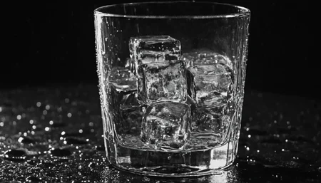 <lora:50s_Noir_Movie-000005:1> ArsMovieStill, 50s Noir Movie Still, The image is a black and white photograph of a glass of water with ice cubes in it. The glass is placed on a dark surface with small droplets of water scattered around it creating a textured pattern. The background is completely black making the glass and ice cubes stand out. The overall mood of the image is dark and moody.