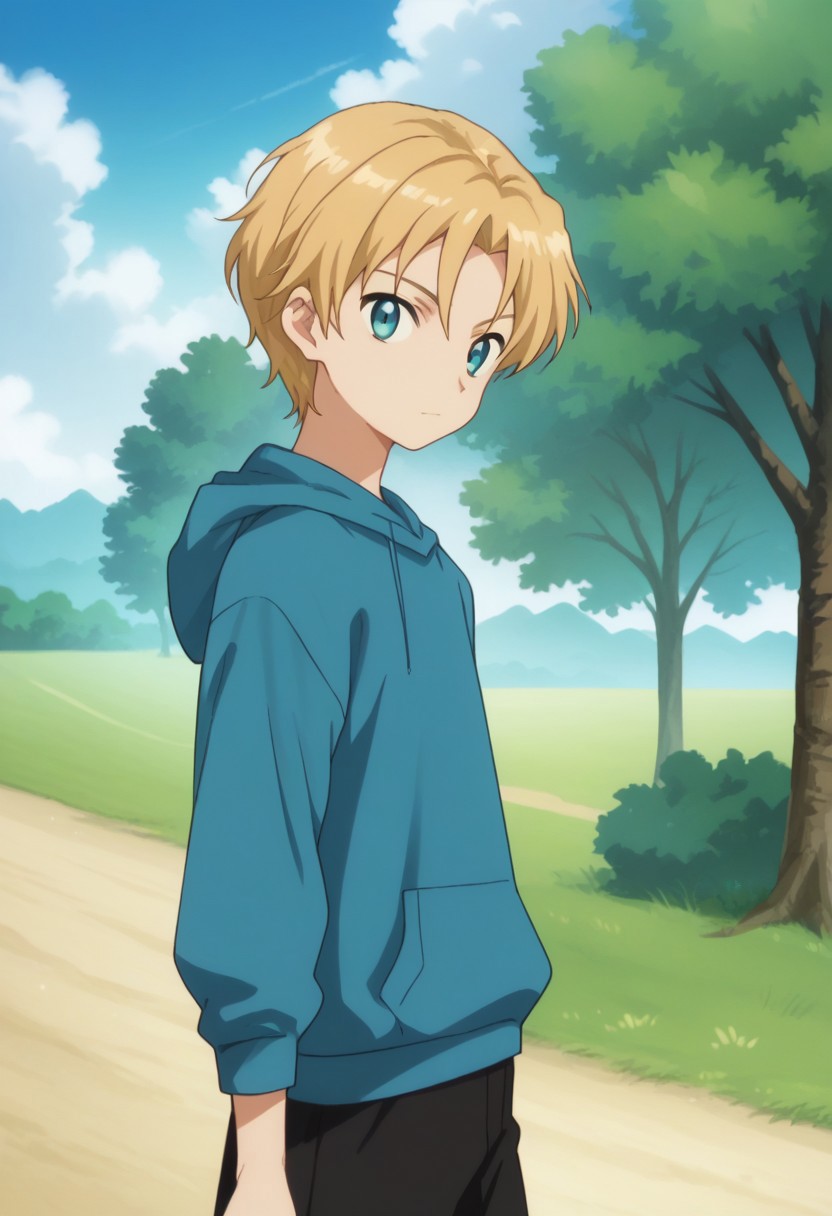score_9, score_8_up, score_7_up, source_anime, highly detailed,
takuma, 1boy, blonde hair, male focus, solo, blue eyes, hood, shorts, hoodie, black shorts, blue hoodie, upper body,
outdoor, sky, tree, clouds,
