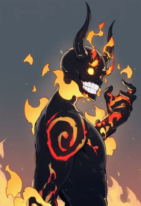 <lora:Infernal_12:1>, solo, 1boy, horns, flaming eyes, black skin, tattoo, clenched teeth, grin, strong,
upper body, from side, cupp hand, fire burning, looking at viewer, very awa, masterpiece, best quality, highres, absurdres