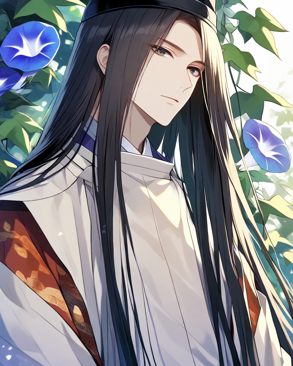 1boy, male, beautiful face. beautiful boy. man.
kariginu. eboshi, tateeboshi. japanese cloth. heian.
beautiful long hair. Morning glory flower. 
black eyes. outdoor.
best quality. highly detailed.
<lora:LCM_LoRA_Weights:0.3>
 <lora:loha_suikan_aniv4_sdxl:0.8>
 beautiful. beautiful. beautiful eyes.