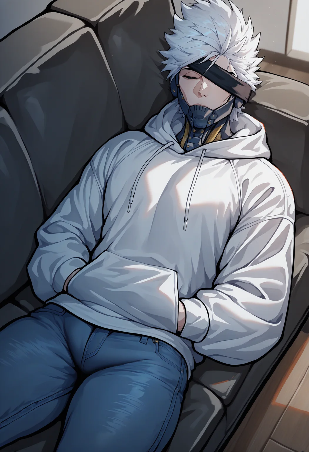 masterpiece, best quality, newest, absurdres, highres, RaidenMGRDef, eyepatch, mechanical chin, white hair, spiked hair, short hair, <lora:RaidenMGRR_illusXLNoobAI_Incrs_v1-000013:1>, 1boy,  male focus, muscular male, white hoodie, couch, sleeping, hands in pockets, jeans, dutch angle, lying,