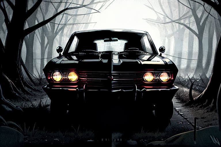 1967 CHEVROLET IMPALA, Sport Sedan, light beams, Black, dark forest background, blood moon, single lantern, dirt road, supernatural, feep fog,
