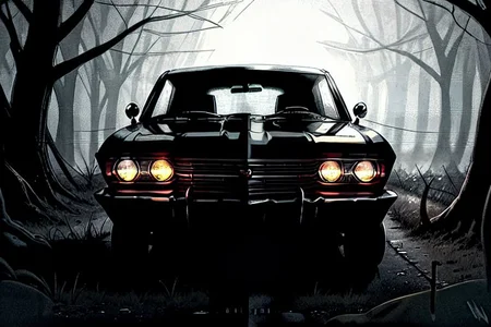 1967 CHEVROLET IMPALA, Sport Sedan, light beams, Black, dark forest background, blood moon, single lantern, dirt road, supernatural, feep fog,