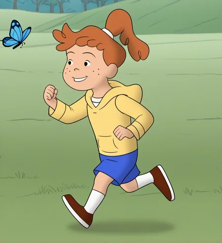 1girl, solo, awcg1, freckles, smile, ponytail, blue shorts, hood, orange hair, shoes, child, chasseing butterfly through field, running, blue butterfly, hoodie, socks, <lora:awcg1:1>,