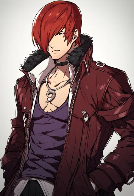 source_anime, <lora:zs_FEGBAPortraitsXL:1> <lora:zs_FatesPortraitsXL:1> fatesportraits, portraits, white background, solo, male focus, 1boy, Iori Yagami, kof, iori_xiv, red hair, bangs, red eyes, stern expression, choker, long coat, red coat, leather coat, purple shirt, belts, black pants, fur trim, hand in pocket, necklace, verybadimagenegative_v1.3, score_9, score_8_up, score_8, single view, flat color,