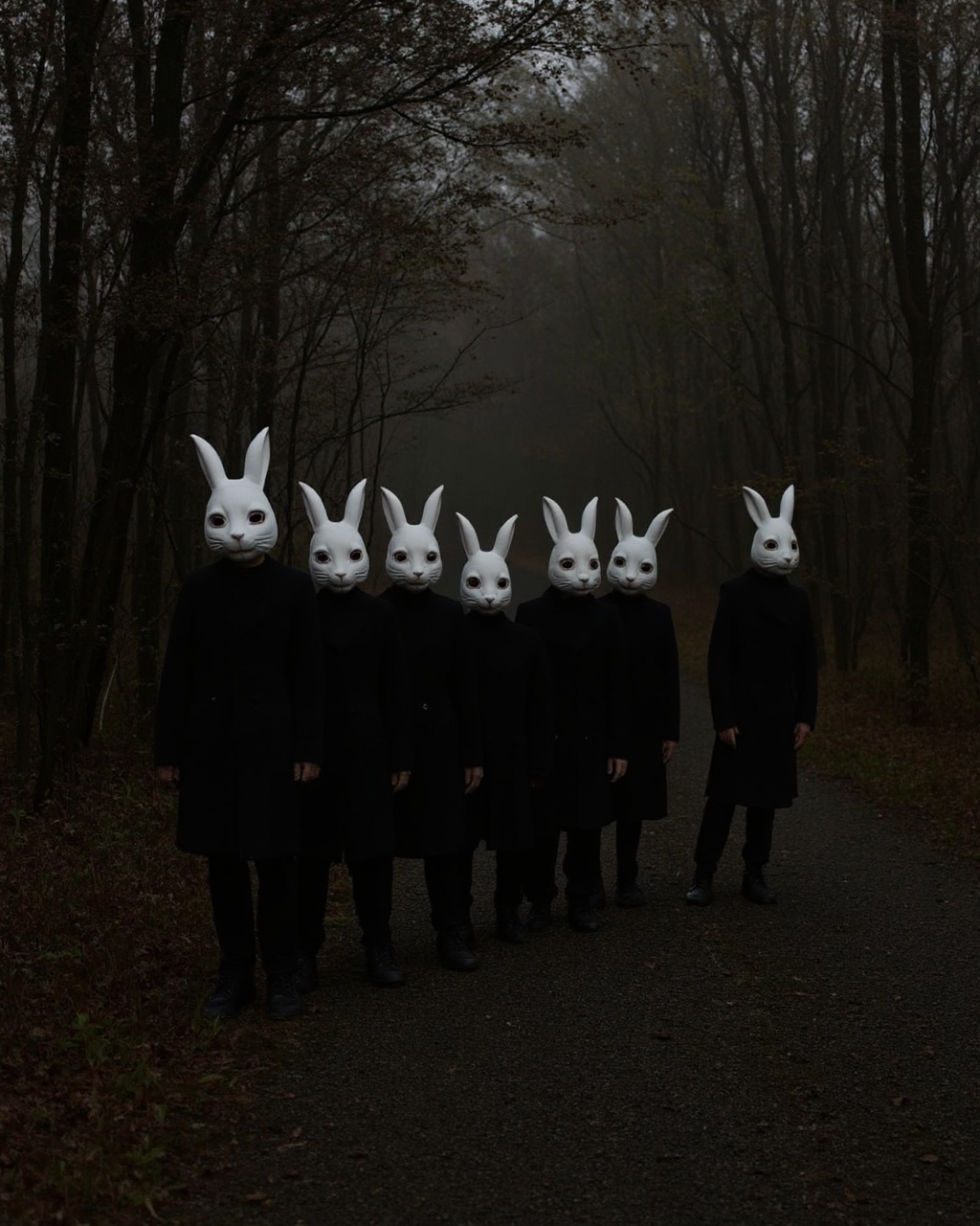 Kaos, he image is a photograph capturing a striking, surreal scene set in a dimly lit, misty forest. A group of seven people, all wearing identical white rabbit masks, stand in a single file along a narrow, gravel path. The path is bordered by tall trees with foliage in various shades of green and brown, indicating early autumn. The figures, all dressed in long, dark coats and trousers, appear to be standing in a line, their faces obscured by the rabbit masks, which have large, expressive eyes and long ears. The masks give them an eerie, almost ghostly appearance. 
The individuals' attire is consistent, with long, dark coats and trousers, creating a uniform, almost robotic look.
