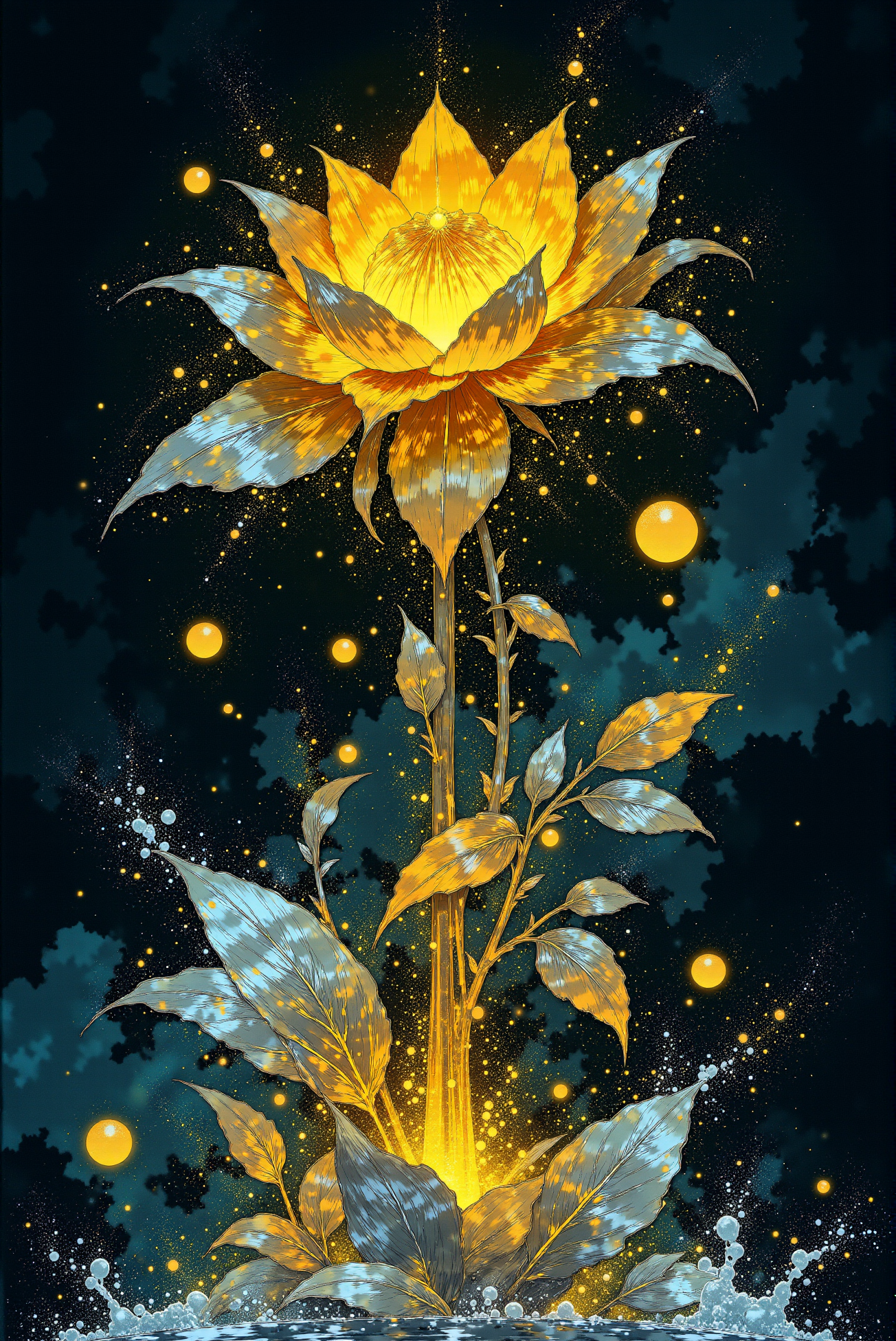 <lora:Vibrantly_Dark_style_v.1:1.0> Vibrantlydark style. Watercolorsketch style. A surreal liquid formation, a delicate yet powerful fusion of gold and silver. At the heart of the design, a golden floral shape rises, with its petals glowing warmly and radiating outward into cascading silver streams. The silver flows form intricate patterns of droplets and tendrils, resembling frozen splashes that spiral outward. The outer edges feature spherical droplets of both silver and gold, suspended as though caught in a moment of creation. The background features a soft gradient from deep navy to radiant sky blue, highlighting the metallic reflections and emphasizing the ethereal quality of the sculpture. The composition should feel dynamic, like a symphony frozen in liquid form.
