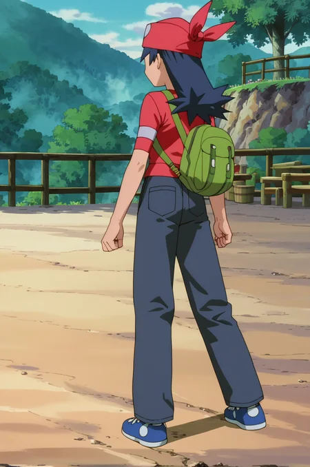 score_9, score_8_up, score_7_up, 1girl, solo, source_anime, anime_screencap, pkmLisa, red bandana, brown eyes, red shirt, <lora:pkmLisa:1>  standing, full body, from behind,