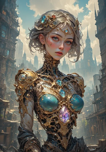cyborg bride with visualization of all internal details. Gold, crystals, chrome, glitter, on the background of futuristic city.hyperdetailed, intricate , sharp, clear, HDR, high quality , HD, octane render, impressive, vibrant, Refined, perfect, best, contest winner.luxury, wonderful, superb, magical, mesmerizing, enchanting 
 <lora:DarksunRIDDV3:0.6> <lora:flux_hyperkraximalism-crazy:0.6> <lora:Midjourney_-_SemiReal_Dreams_FLUX_LoRA:0.6> <lora:CPA:0.6> <lora:BLUE_mk4_angel_FLUX_01:0.6> <lora:BioInk2FLUX:0.6>