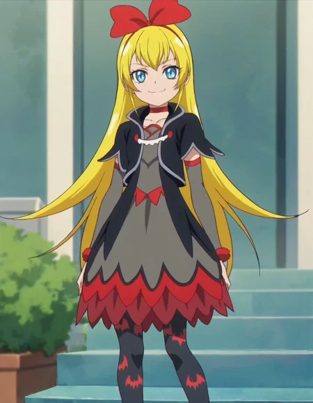 score_9, score_8_up, score_7_up,anime screencap,1girl,solo,regina, 1girl, bat print, pantyhose, blue eyes, choker, smile, bow, cropped jacket, hair bow, print legwear, red ribbon, dress, looking at viewer, red bow, hairband
small breasts,cowboy shot <lora:regina:0.8>