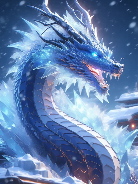 (\han yu long huang\),dragon, no humans, snow, glowing, sharp teeth, snowing, sky, cloud, open mouth, glowing eyes, teeth, ice, fangs, horns,<lora:hanyulonghuangXL:1>,