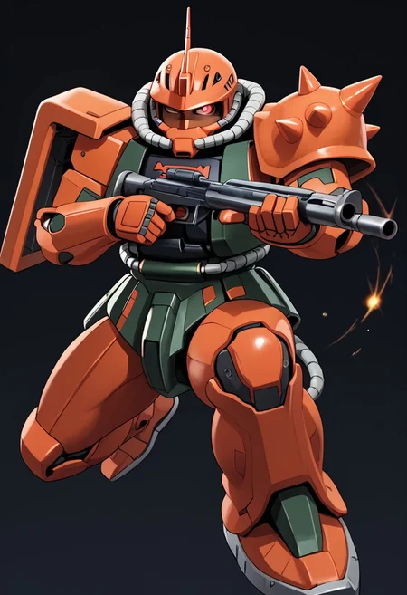 score_9, score_8_up, score_7_up, source_anime, cowboy shot, front view, BREAK, ( garma_zaku, only one eye, (one eye:1.5), red monoeye, turned to the side, looking at viewer, jumping, holding bazooka in both hands, aiming to the side, sole of foot visible, dynamic shooting pose, ) 1mech, mech focus, solo, BREAK, black background,