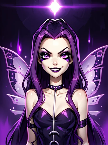 score_9, score_8_up, score_7_up,
 <lora:WinxAndTrixPony:0.8>,winxtrix,Darcy,
1 girl, solo, long wavy dark purple hair, violet eyes, wearing a dark purple and black fairy outfit, sinister fairy wings, slender build, mischievous smile, pale skin, dark magical aura, surrounded by shadows.