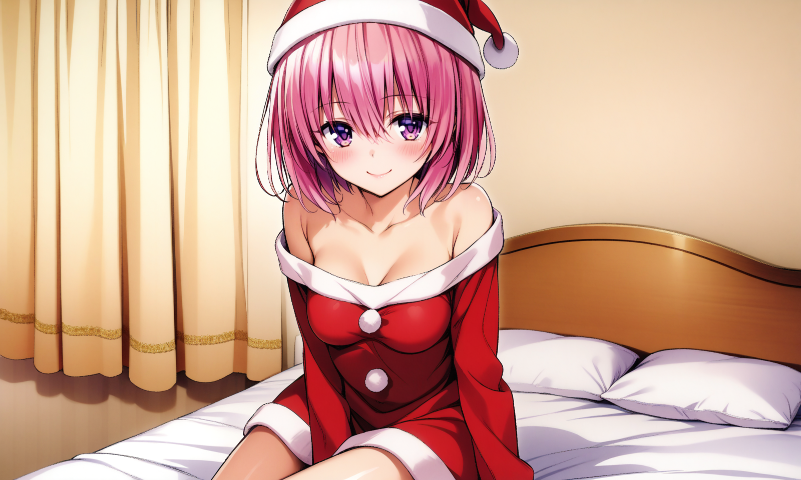 momo velia deviluke, 1girl, solo, pink hair, short hair, smile, blush, purple eyes, sitting, looking at viewer, pink eyes, bare shoulders, santa costume, medium breasts, bedroom, on bed, 
yabukikentarou, masterpiece, best quality, very aesthetic, absurdres, 
<lora:YabukiKentarou_XL:0.9><lora:sd_xl_dpo_lora_v1:0.2>