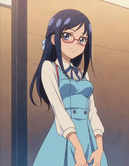 score_9, score_8_up, score_7_up, anime screencap, solo, 1girl, hishikawarikka, smile, dress, looking at viewer, shirt, ribbon,cowboy shot,medium breasts,blush,glasses<lora:hishikawarikka:0.8>