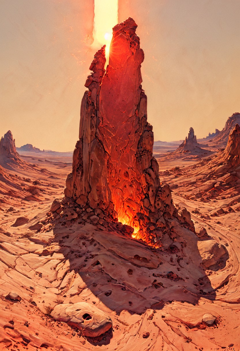 8K, ultra-detailed, cinematic lighting, hyper-realistic CGI render, surreal desert landscape, colossal sandstone monolith shaped like a weathered ancient tablet, vertical fissure radiating warm amber light from within, casting soft, elongated golden shadows, intricate glowing runes in fiery orange and deep red etched on cracked sunbaked surface, vast sky with swirling ochre and burnt sienna clouds, wide-angle low shot emphasizing monumental scale, scattered sun-bleached stones and cracked parched earth in dusty beige and terracotta hues, ground texture rough and arid, warm and mystical atmosphere evoking forgotten desert secrets and ancient fire magic. ArsMJStyle, Colored pencil hyperdetailed realism