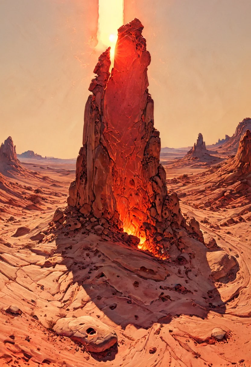 8K, ultra-detailed, cinematic lighting, hyper-realistic CGI render, surreal desert landscape, colossal sandstone monolith shaped like a weathered ancient tablet, vertical fissure radiating warm amber light from within, casting soft, elongated golden shadows, intricate glowing runes in fiery orange and deep red etched on cracked sunbaked surface, vast sky with swirling ochre and burnt sienna clouds, wide-angle low shot emphasizing monumental scale, scattered sun-bleached stones and cracked parched earth in dusty beige and terracotta hues, ground texture rough and arid, warm and mystical atmosphere evoking forgotten desert secrets and ancient fire magic. ArsMJStyle, Colored pencil hyperdetailed realism