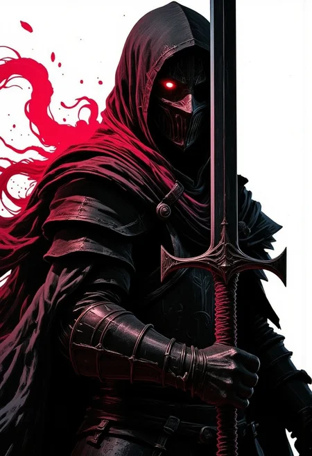 Extremely close face-up, Pop Art Photograph, S1n0z1ck style. The close-up portrait is a digital drawing in a dark, gritty, and stylized manga style, featuring the silhouette of a dark knight with a voluminous, flowing, cloud-like cape of ethereal smoke, rendered in shades of dark gray and black. His armor is shadowy and gothic, with only his gauntleted right hand visible, gripping the hilt of a massive sword. The sword is depicted with intricate details, featuring a wooden handle wrapped in a reddish-brown cord, with the sheath extending along his armored side. The knight's dark plate armor reflects faint light, and his face is partially obscured by shadows and strands of his smoky cape. Dim atmospheric light bathes the scene in washed-out neon red and black, giving it a surreal, moody aesthetic. The background is stark white, enhancing the contrast and emphasizing the knight’s dark, brooding presence.