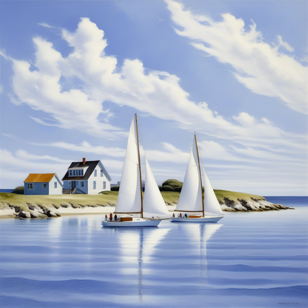 <lora:03realismPainting_Hap_XL:1>, sailboats, ocean, house by the sea, blue sky, clouds, white sails, wind, maritime, summer, leisure, coastal living, waves, seaside, sunny, nautical, tranquility,