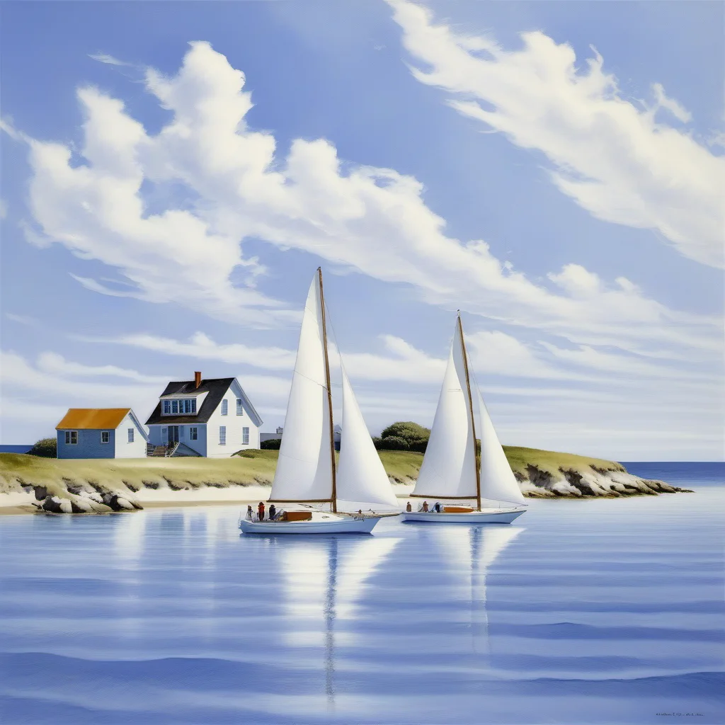 <lora:03realismPainting_Hap_XL:1>, sailboats, ocean, house by the sea, blue sky, clouds, white sails, wind, maritime, summer, leisure, coastal living, waves, seaside, sunny, nautical, tranquility,
