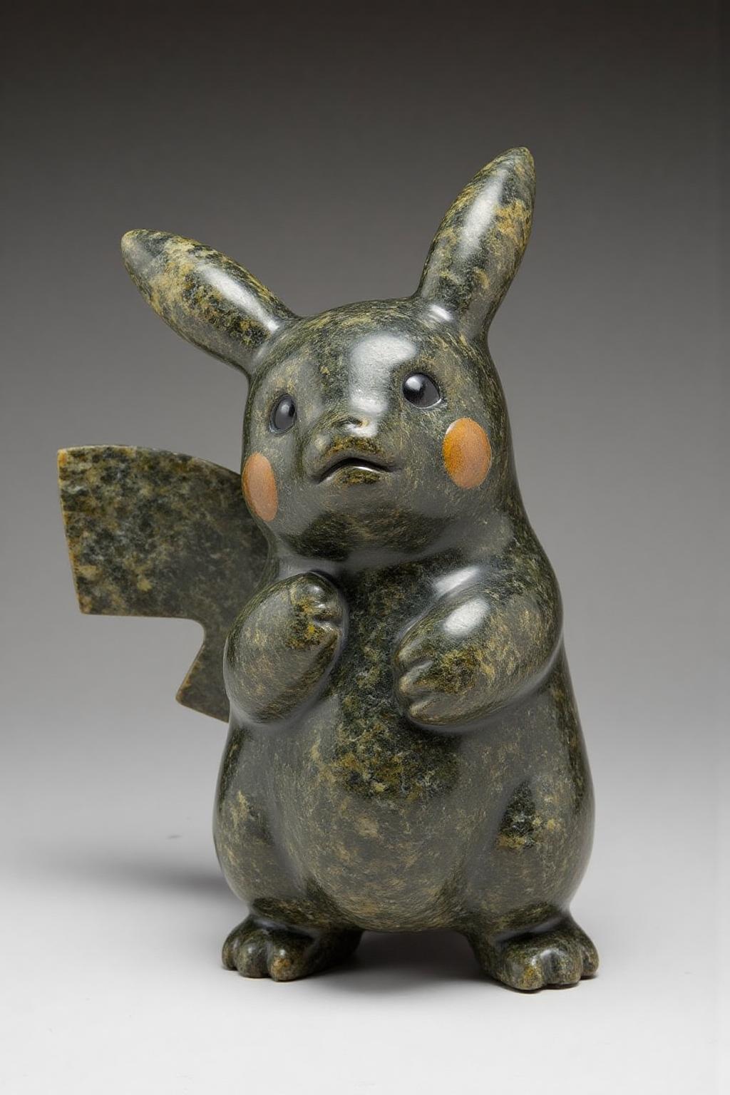 sculpture of Pikachu Crying carved in mottled dark grey stone <lora:inuit_cap_d6a3e12:1.0><lora:821725834982361506:0>