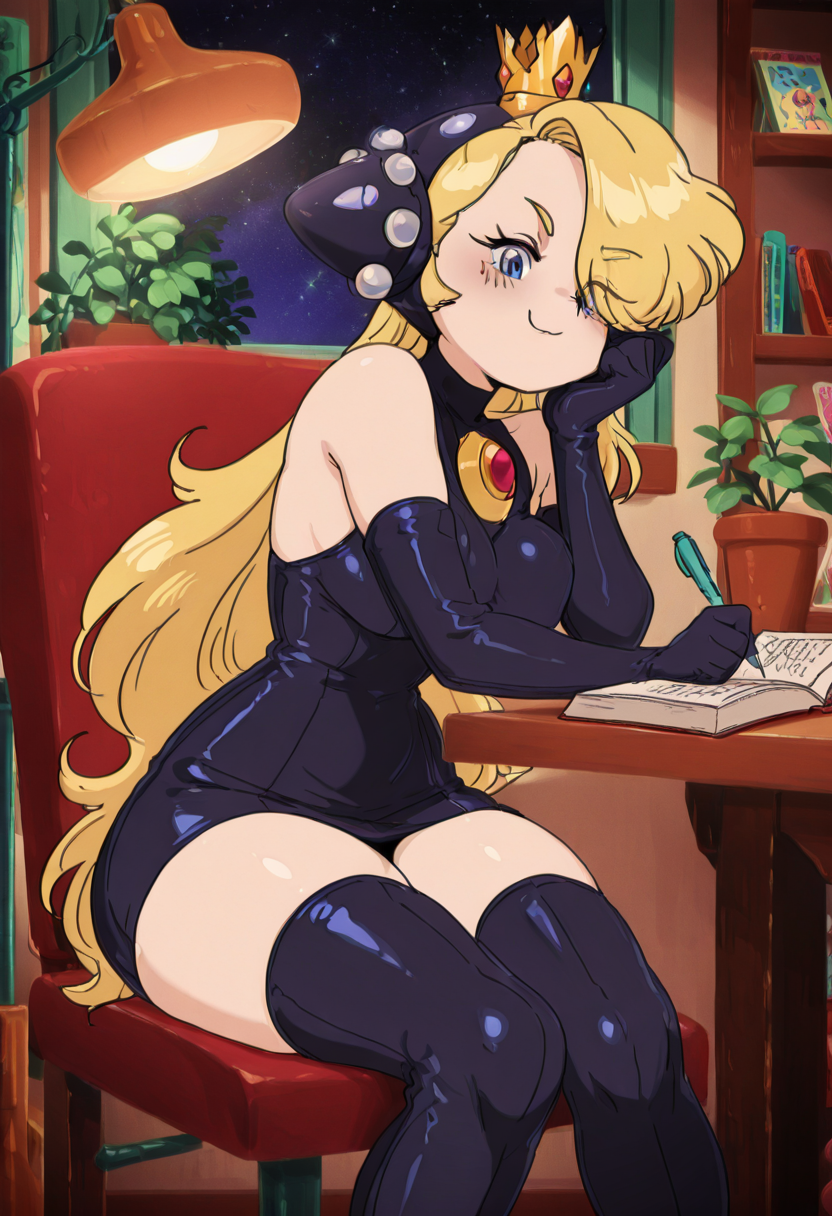 masterpiece, best quality, solo, curvy, beautiful eyes, narrow waist, wide hips, 1girl, solo, smile, looking at viewer,    zzWapeach, blue eyes, hair over one eye, blonde hair, long hair, one eye covered, mini crown,   bare shoulders, black dress, black gloves, elbow gloves, thigh boots,  ,<lora:WapeachIXL:1.0>,  , zzLofi, sitting, side view, desk, chair, book, bookshelf, head rest, holding, holding pen, lamp, night, open book, pen, plant, potted plant, sky, star (sky), starry sky, window, windowsill, writing, <lora:LofiGirl_Style_IXL:0.8>,  <lora:CuteRetroStyle_IXL_v1:1.2>,
