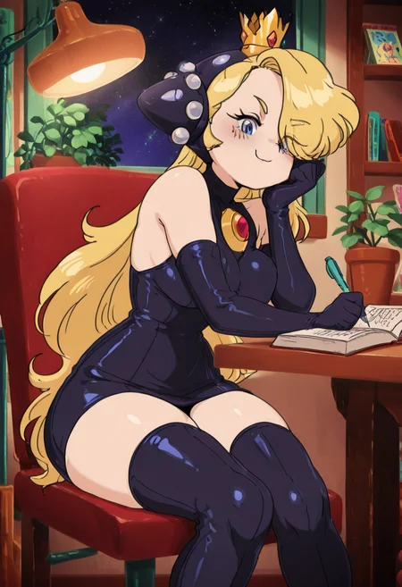 masterpiece, best quality, solo, curvy, beautiful eyes, narrow waist, wide hips, 1girl, solo, smile, looking at viewer,    zzWapeach, blue eyes, hair over one eye, blonde hair, long hair, one eye covered, mini crown,   bare shoulders, black dress, black gloves, elbow gloves, thigh boots,  ,<lora:WapeachIXL:1.0>,  , zzLofi, sitting, side view, desk, chair, book, bookshelf, head rest, holding, holding pen, lamp, night, open book, pen, plant, potted plant, sky, star (sky), starry sky, window, windowsill, writing, <lora:LofiGirl_Style_IXL:0.8>,  <lora:CuteRetroStyle_IXL_v1:1.2>,