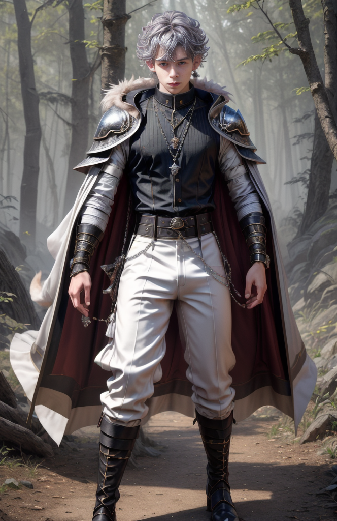 8k,  ((masterpiece)).((best quality:1.2)),  sharp focus, full body, head to toe, 1 young man, 22 years old, youthful appearance, male focus, dynamic pose,  silver colored hair, curly hair, EYESHD,  small testicle bulge, Nora outfit fur accents, Nora outfit bead necklaces, Nora outfit pants, Nora outfit hip quiver, Nora outfit leg guards, Nora outfit arm braces, Nora outfit belt with pouches, and Nora outfit fur boots,   defined body, thin waist, looking at camera, armor,  detailed background a wooded clearing, a pet wolf standing nest to him,(absurdres) , <lora:more_details:0.5>, <lora:wrenchftmfshn>,<lora:add-detailxl:0.8>, <lora:Eyes_High_Definition-000007>, , <lora:lightup_brightness_v200:1>, <lora:Nora:1>