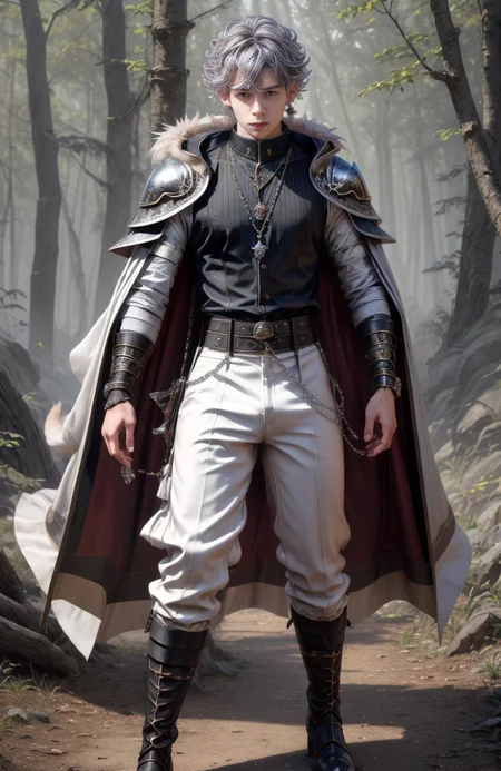 8k, ((masterpiece)).((best quality:1.2)), sharp focus, full body, head to toe, 1 young man, 22 years old, youthful appearance, male focus, dynamic pose, silver colored hair, curly hair, EYESHD, small testicle bulge, Nora outfit fur accents, Nora outfit bead necklaces, Nora outfit pants, Nora outfit hip quiver, Nora outfit leg guards, Nora outfit arm braces, Nora outfit belt with pouches, and Nora outfit fur boots, defined body, thin waist, looking at camera, armor, detailed background a wooded clearing, a pet wolf standing nest to him,(absurdres) , <lora:more_details:0.5>, <lora:wrenchftmfshn>,<lora:add-detailxl:0.8>, <lora:Eyes_High_Definition-000007>, , <lora:lightup_brightness_v200:1>, <lora:Nora:1>