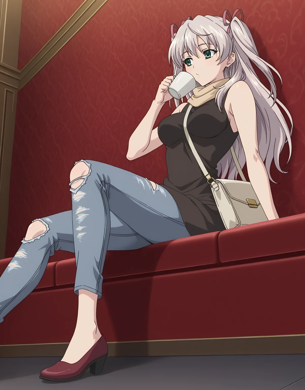masterpiece,best quality,very aesthetic,zPDXL,2023,anime style,huge filesize,wallpaper,anime screencap,
BREAK <lora:suvia_v5-000018:0.8>,suviav5,1girl,solo,long hair,ribbon,hair ribbon,green eyes,two side up,breasts,twintails,medium breasts,grey hair,17-year-old girl,(a domineering girl:1.3),skinny,standing,dynamic_angle,dynamic_pose,close-up,fullbody,fashion,torn jeans,flat_shoes,contemporary,in spring,city,handbag,(coat:1.2),sleeveless dress,(drinking coffee:1.1),sitting,scarf,cap,