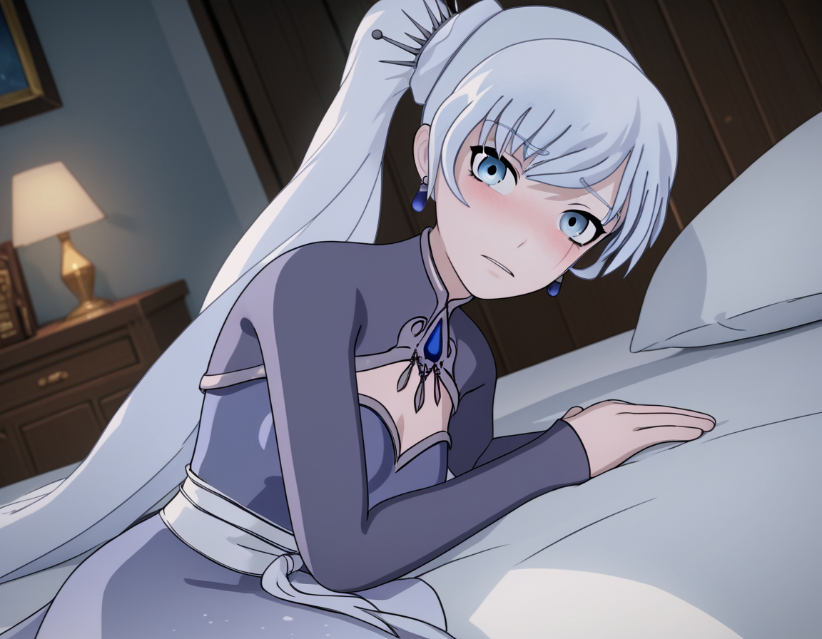score_9, score_8_up, score_7_up, source_anime, <lora:weiss-schnee-ponyxl-lora-nochekaiser:1>, weiss schnee, long hair, blue eyes, hair ornament, ponytail, white hair, side ponytail, scar, tiara, scar on face, scar across eye,, dress, jewelry, earrings, blue dress,, indoors, bed, bed room, on side, blush, drunk, looking at viewer, solo, cowboy shot, dutch angle